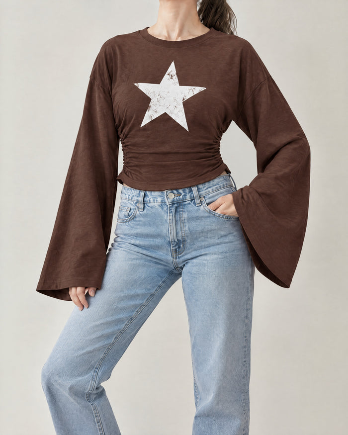 Yıldız Baskılı Yan Büzgülü Sweatshirt