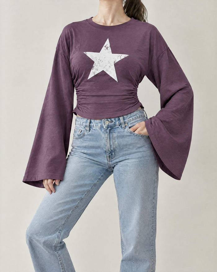 Yıldız Baskılı Yan Büzgülü Sweatshirt